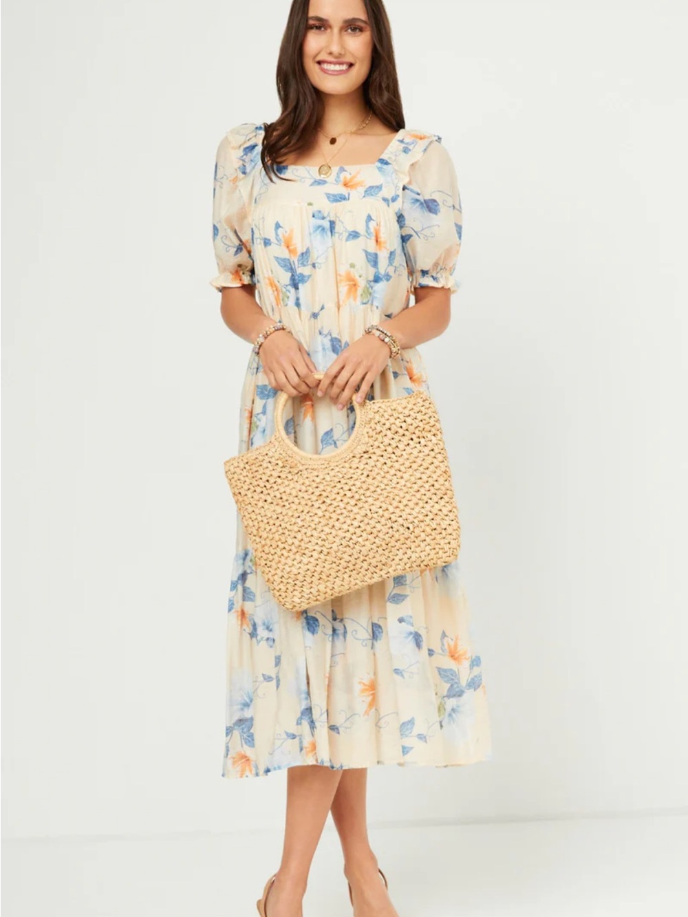 Böhme- Hayden Los Angeles Watercolor Floral Square Neck Ruffled Shoulder Dress